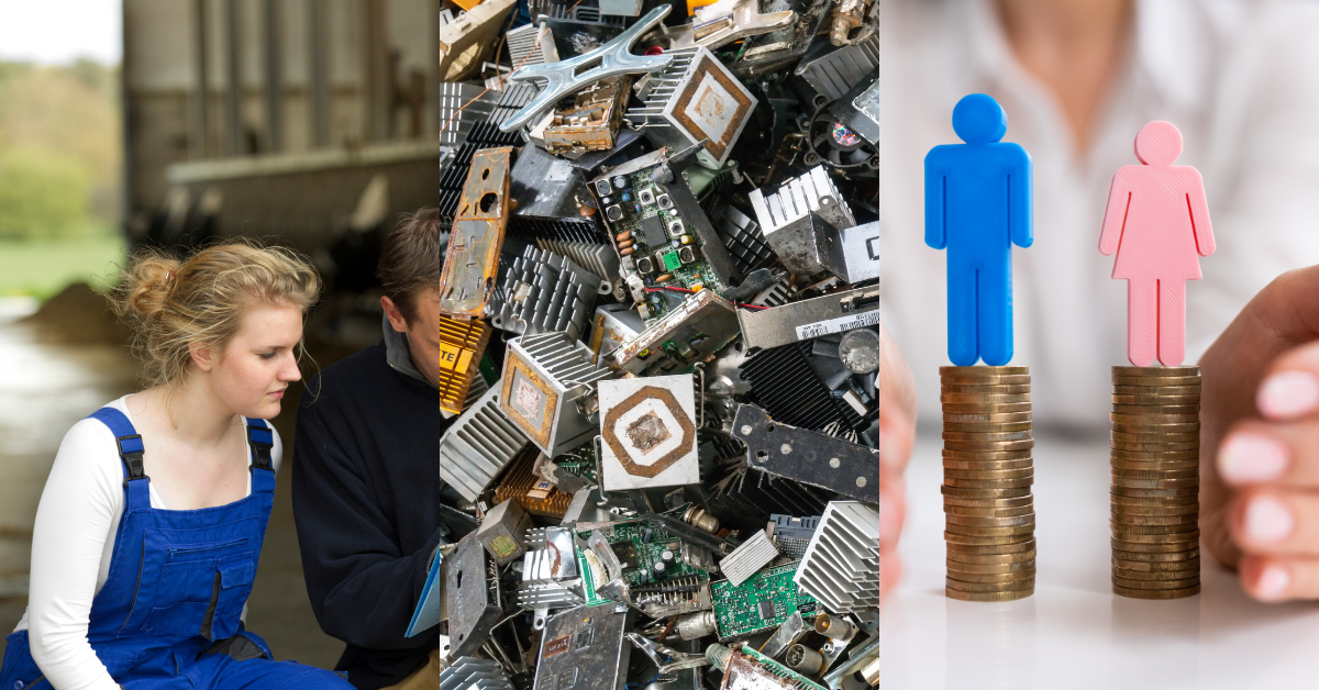 Collage: Junge Azubine, Elektroschrott und Equal Pay