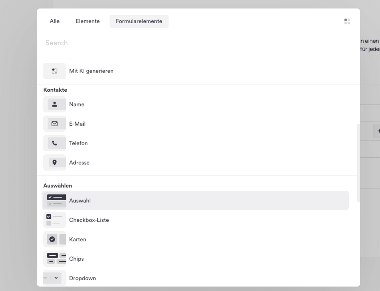Auswahl verschiedener Formularelemente in Onepage, darunter Kontaktfelder, Checkboxen und Dropdown-Menüs.