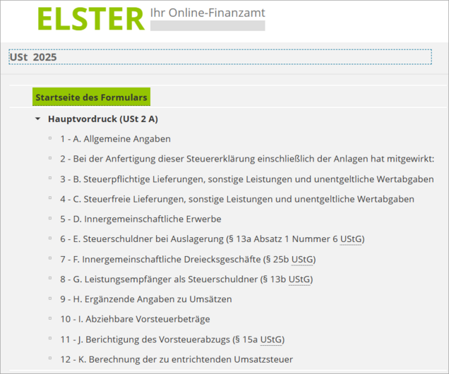 ELSTER-Umsatzsteuererklärung Formular