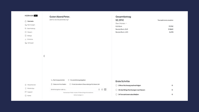 Norman zeigt zu erledigende Aufgaben Norman Finance: Steuerdashboard Aufgaben