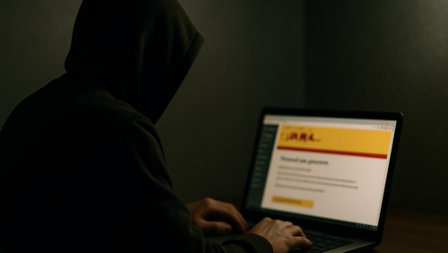 Krimineller entwirft Phishing-Mail im DHL-Look