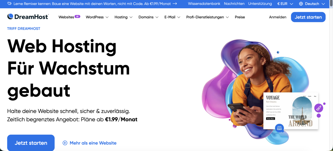 Screenshot der DreamHost-Website mit Webhosting-Angebot und Navigation zu Websites, WordPress, Hosting, Domains, E-Mail und Profi-Dienstleistungen.