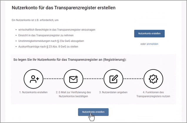 Screenshot: Anlage eines Nutzerkontos im Transparenzregister