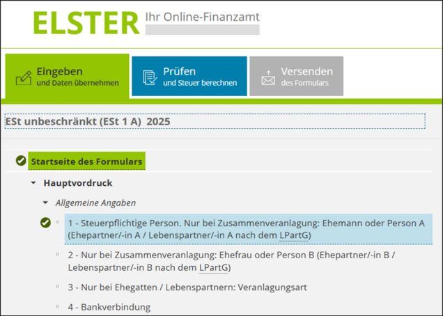 Formular Einkommensteuer ELSTER: Einstieg