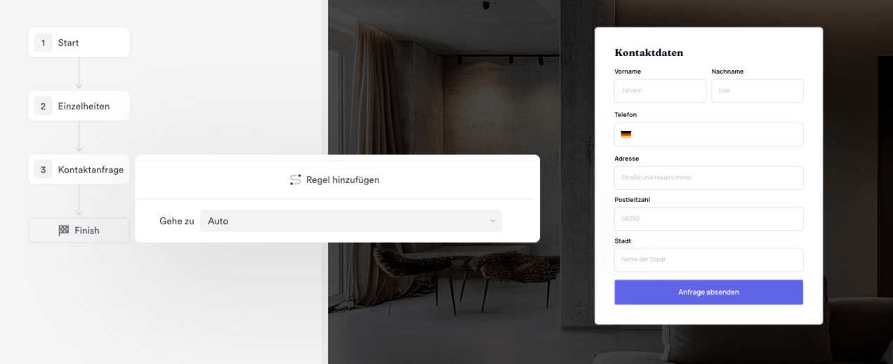 Onepage-Funnel mit mehreren Schritten, Regel für den weiteren Ablauf und Formular zur Erfassung von Kontaktdaten.