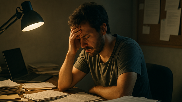 Gestresster Solo-Selbstständiger sitzt an Schreibtisch