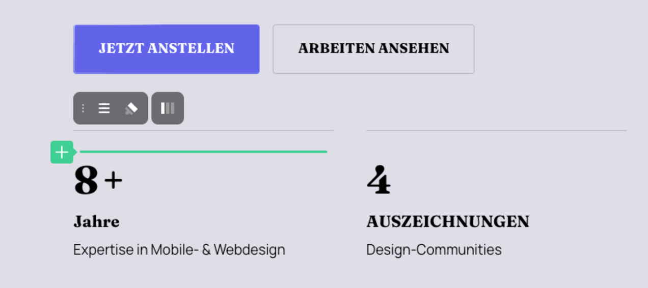 Onepage-Editor mit grünem Plus-Symbol zum Hinzufügen weiterer Inhalte innerhalb eines Abschnitts.