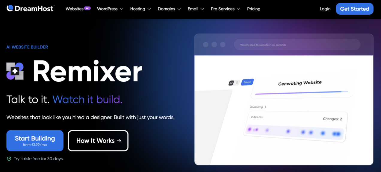 Screenshot der Landingpage des KI-Website-Builders Remixer von DreamHost