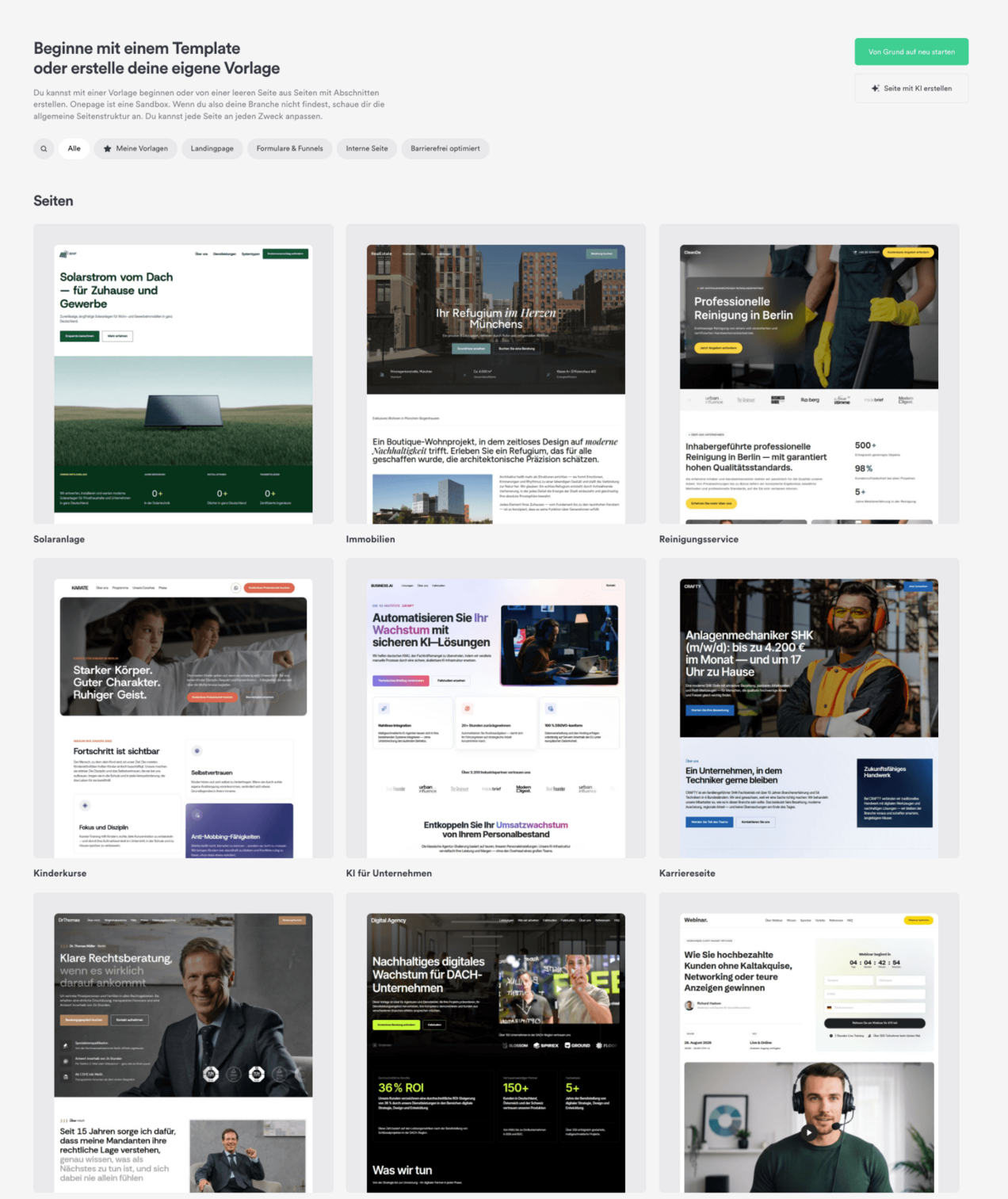 Screenshot der Vorlagenauswahl von Onepage.io mit sichtbaren Desktop-Website-Ansichten von unter anderem Karriereseite, Immobilien, Reinigungsservice