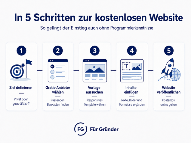 Infografik mit fünf Schritten zur kostenlosen Website: Ziel definieren, Gratis-Anbieter wählen, Vorlage aussuchen, Inhalte einfügen und Website veröffentlichen.