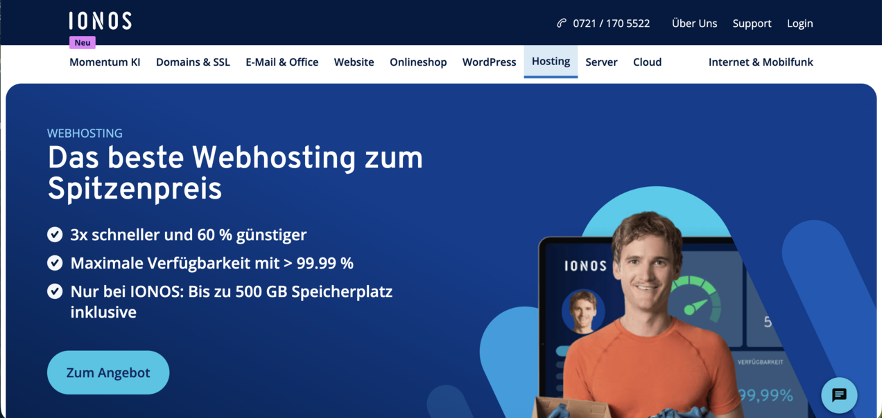 Screenshot der Landingpage des IONOS Webhosting-Angebots.