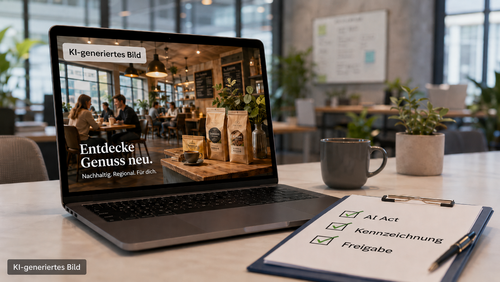 KI-generiertes Bild auf einem Laptop mit Werbemotiv, Kennzeichnung „KI-generiertes Bild“ und AI-Act-Checkliste auf einem Schreibtisch.