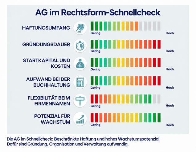 AG im Rechtsform-Schnellcheck mit Bewertung von Haftung, Gründungsdauer, Kosten, Buchhaltung, Firmennamen und Wachstumspotenzial.