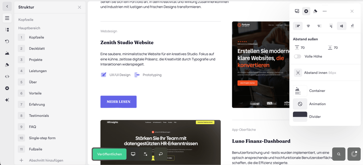 Onepage-Website-Editor mit Seitenstruktur, Abschnittseinstellungen und visueller Bearbeitungsfläche