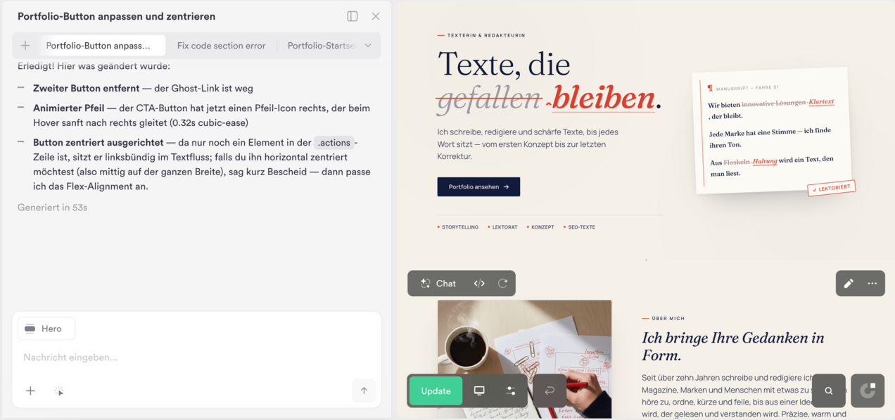 Onepage-KI-Chat beim Anpassen eines Buttons auf einer automatisch erstellten Portfolio-Website