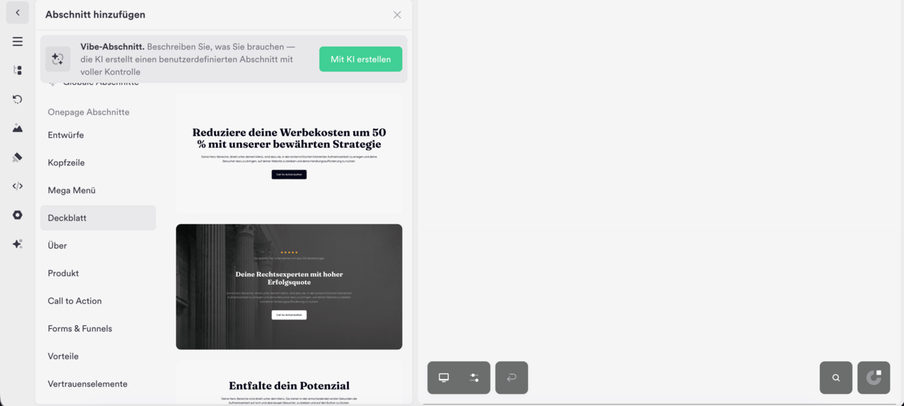 Onepage-Editor mit Auswahl vorgefertigter Website-Abschnitte und KI-generiertem Vibe-Abschnitt