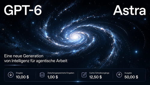 Artikelbild zu GPT-6 Astra mit Galaxie-Motiv und eingeblendeten Preisen für Ein- und Ausgabe sowie Cache-Nutzung.