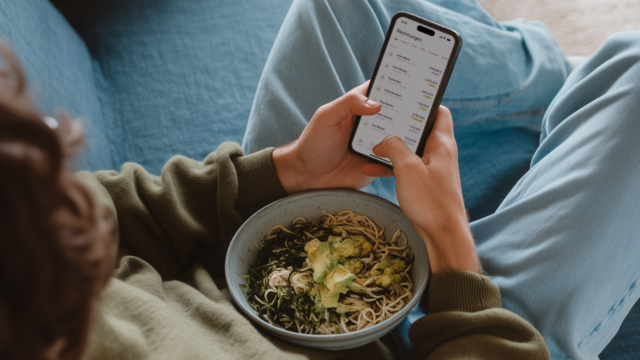 Junger Selbstständiger blickt beim Essen auf die sevdesk-App.