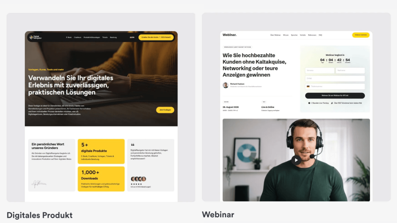Beispiele für je eine Landingpage-Vorlage für ein digitales Produkt und ein Webinar.