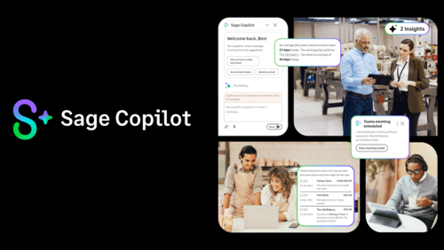 Sage-Copilot-Logo neben einer Smartphone-Oberfläche und Personen mit eingeblendeten KI-Hinweisen zu Geschäftsdaten.