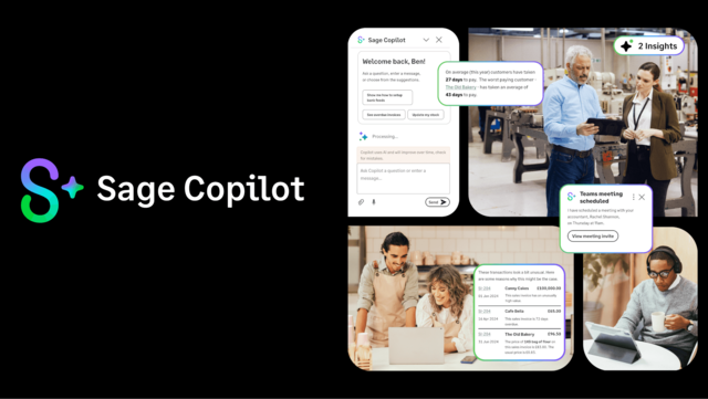 Sage Copilot: KI-Assistent für Buchhaltung und Unternehmensalltag Sage-Copilot-Logo neben einer Smartphone-Oberfläche und Personen mit eingeblendeten KI-Hinweisen zu Geschäftsdaten.