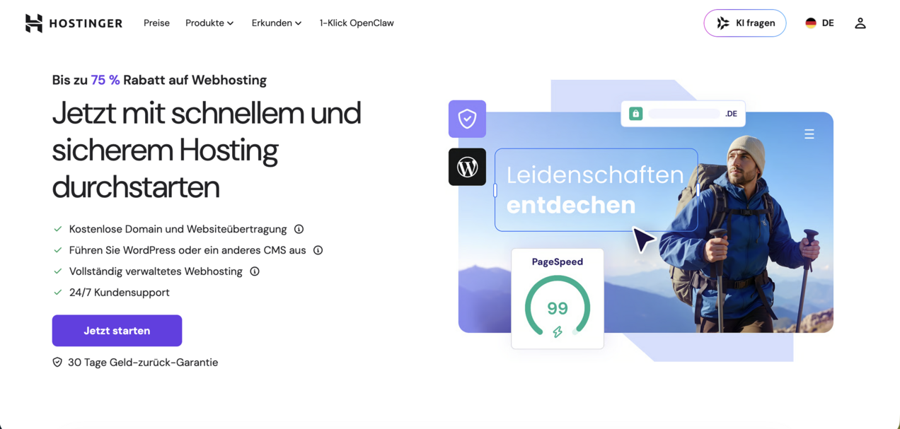 Screenshot der Landingpage des Hostinger Webhosting Angebots