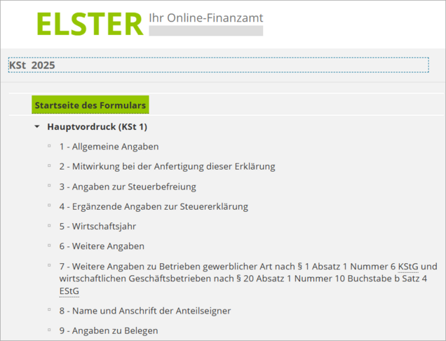 Formular Körperschaftsteuererklärung ELSTER