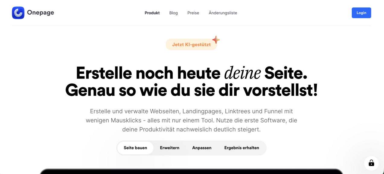 Startseite von Onepage mit Website-Builder für Websites, Landingpages und Funnels.