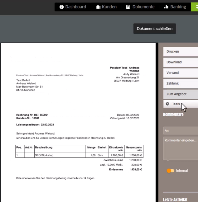 Screenshot Rechnungsprogramm FastBill