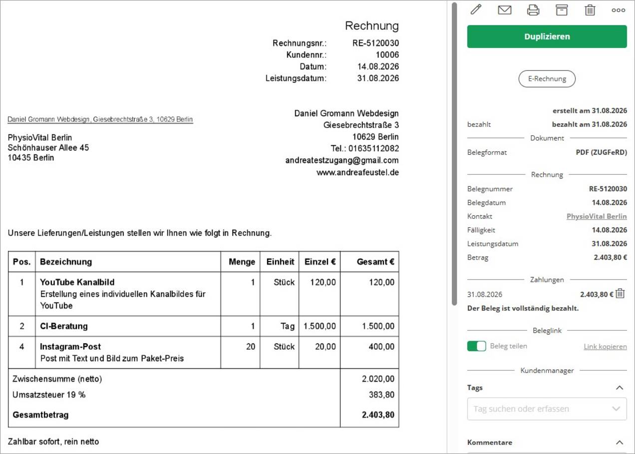 ZUGFeRD-Rechnung von Lexware Office Erstellte E-Rechnung mit Lexware Office