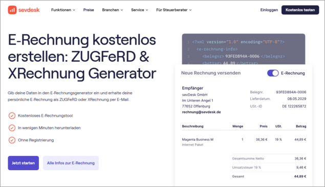 Screenshot: E-Rechnungsgenerator von sevdesk
