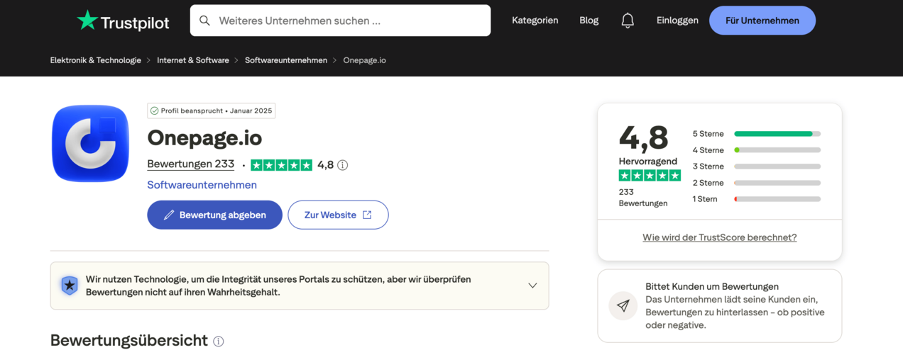 Trustpilot-Bewertungsseite von Onepage.io. Das Unternehmen hat 223 Bewertungen mit einer durchschnittlichen Bewertung von 4,8 Sternen, die als 'Hervorragend' eingestuft ist. Links oben das Trustpilot-Logo.