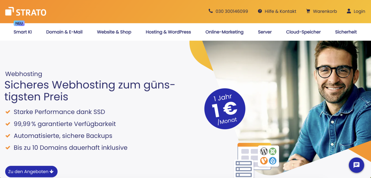 Screenshot der Landingpage des STRATO-Webhosting-Angebots.