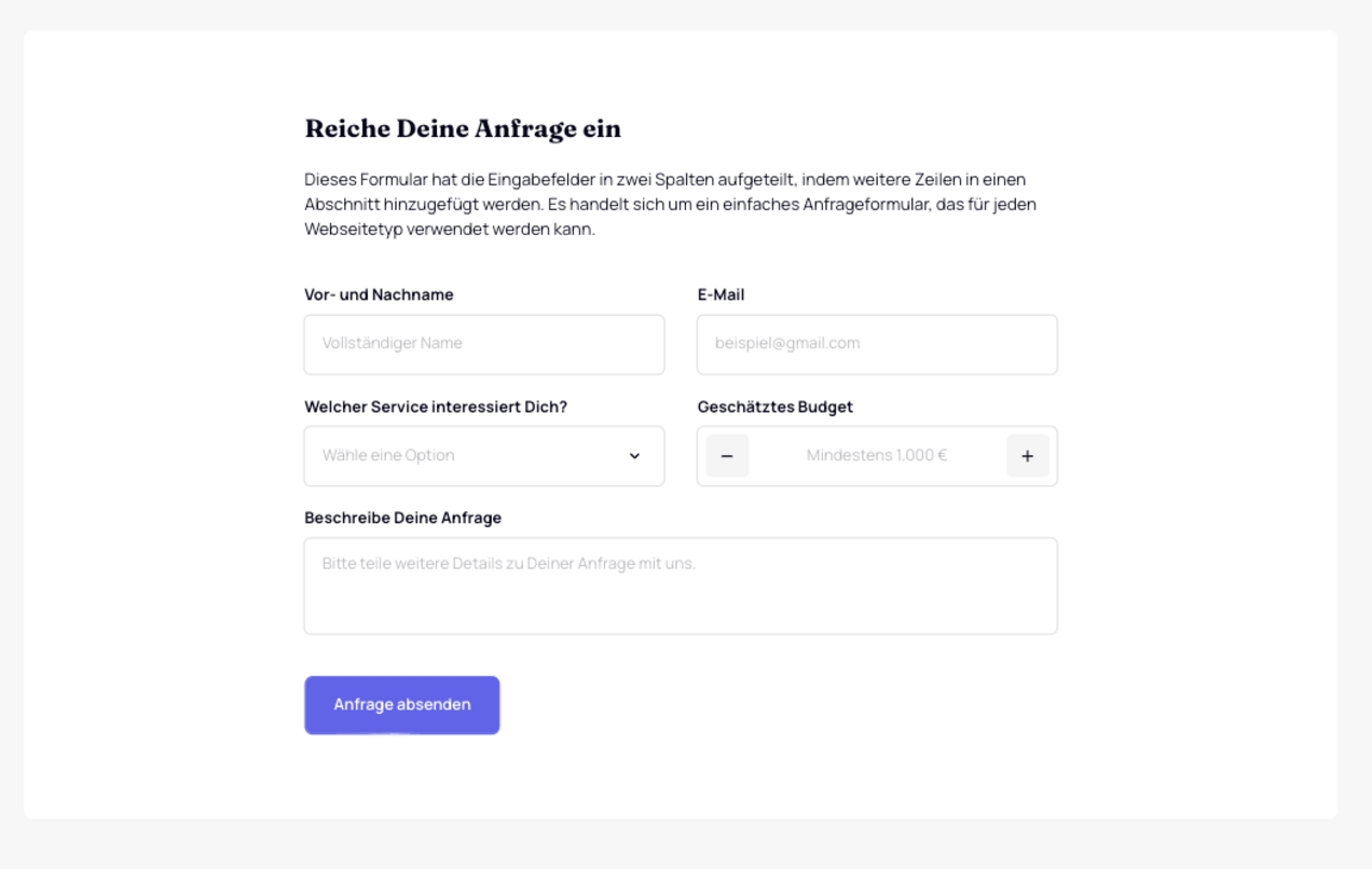 Screenshot eines Konfiguratorformulars mit den Feldern Vor- und Nachname, E-Mail, Welcher Service interessiert Dich? Geschätztes Budget und Beschreibe deine Anfrage