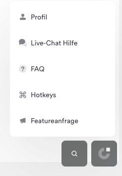 Support-Menü von Onepage mit Live-Chat Hilfe, FAQ und Featureanfrage